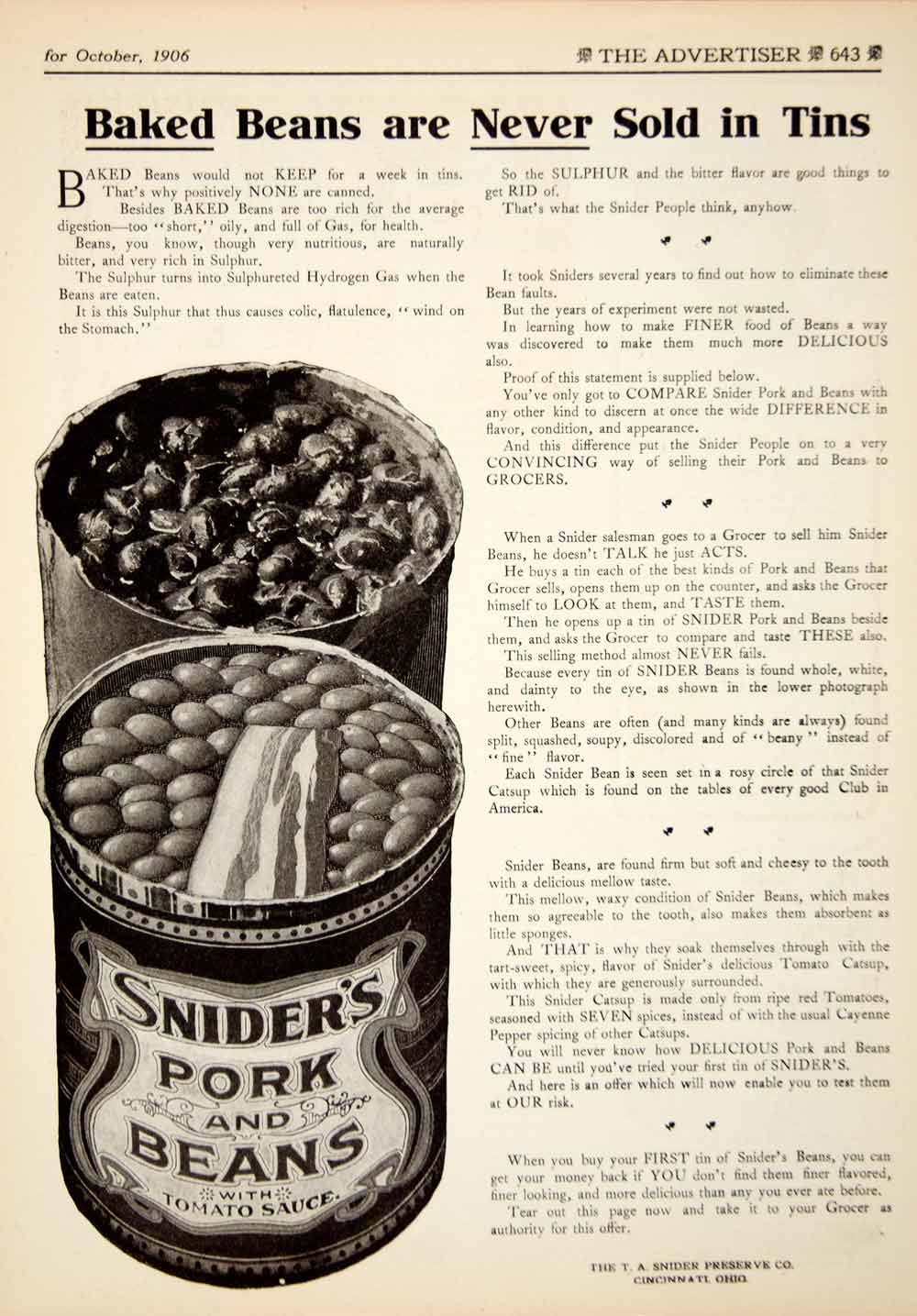 1906 Ad TA Snider Preserve Pork Baked Beans Can Food Grocery Cincinnati YDL3