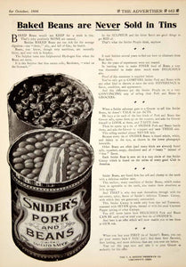 1906 Ad TA Snider Preserve Pork Baked Beans Can Food Grocery Cincinnati YDL3