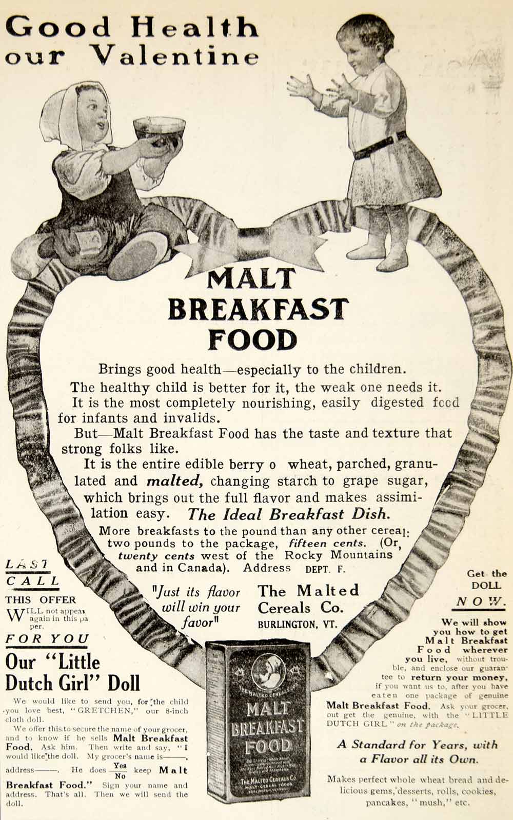 1906 Ad Malt Breakfast Food Cereal Children Baby Health Burlington Vermont YDL3