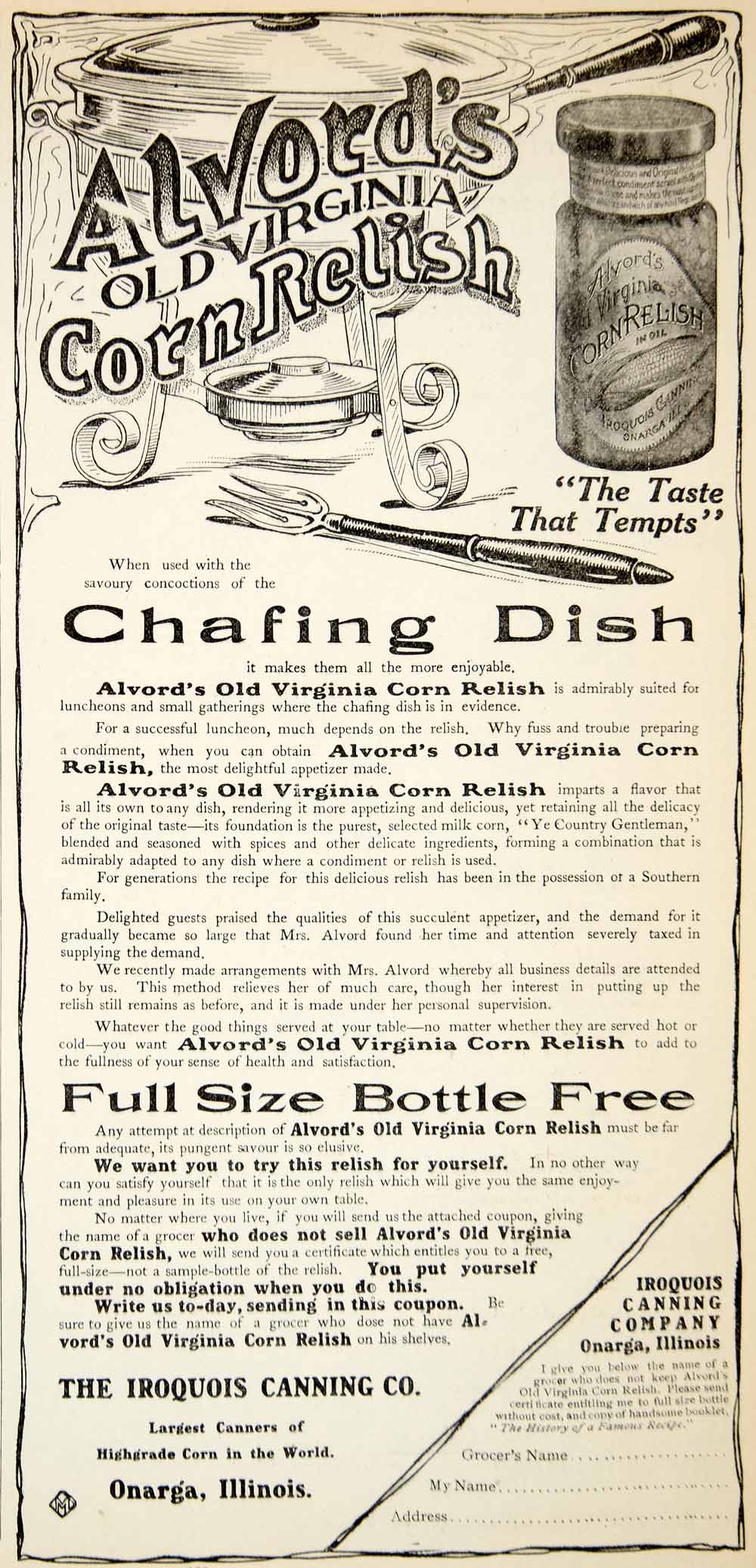 1906 Ad Iroquois Canning Onarga IL Alvords Old Virginia Corn Relish YDL3
