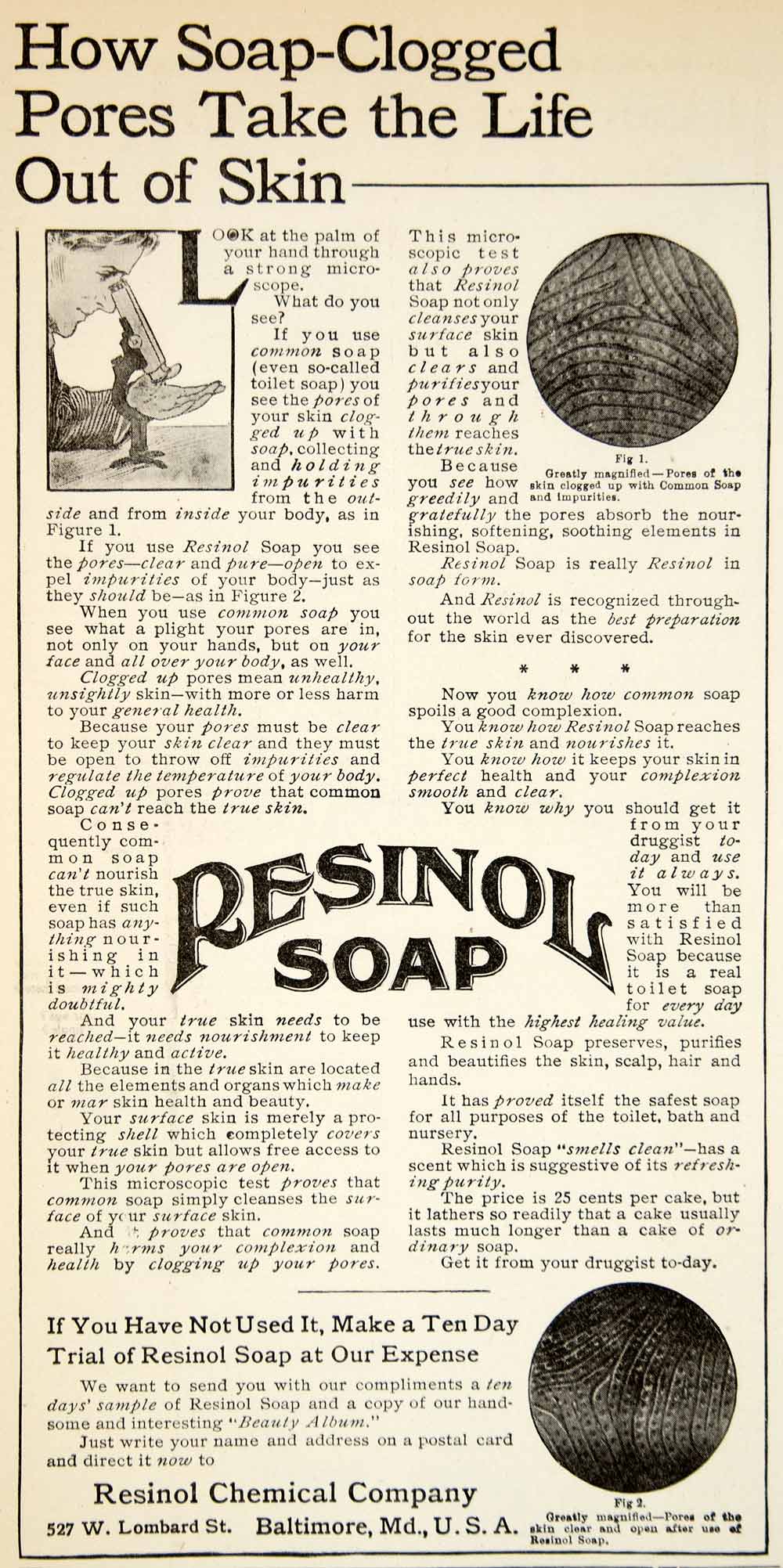 1906 Ad Resinol Soap Chemical 527 W Lombard St Baltimore MD Hygiene Bath YDL3