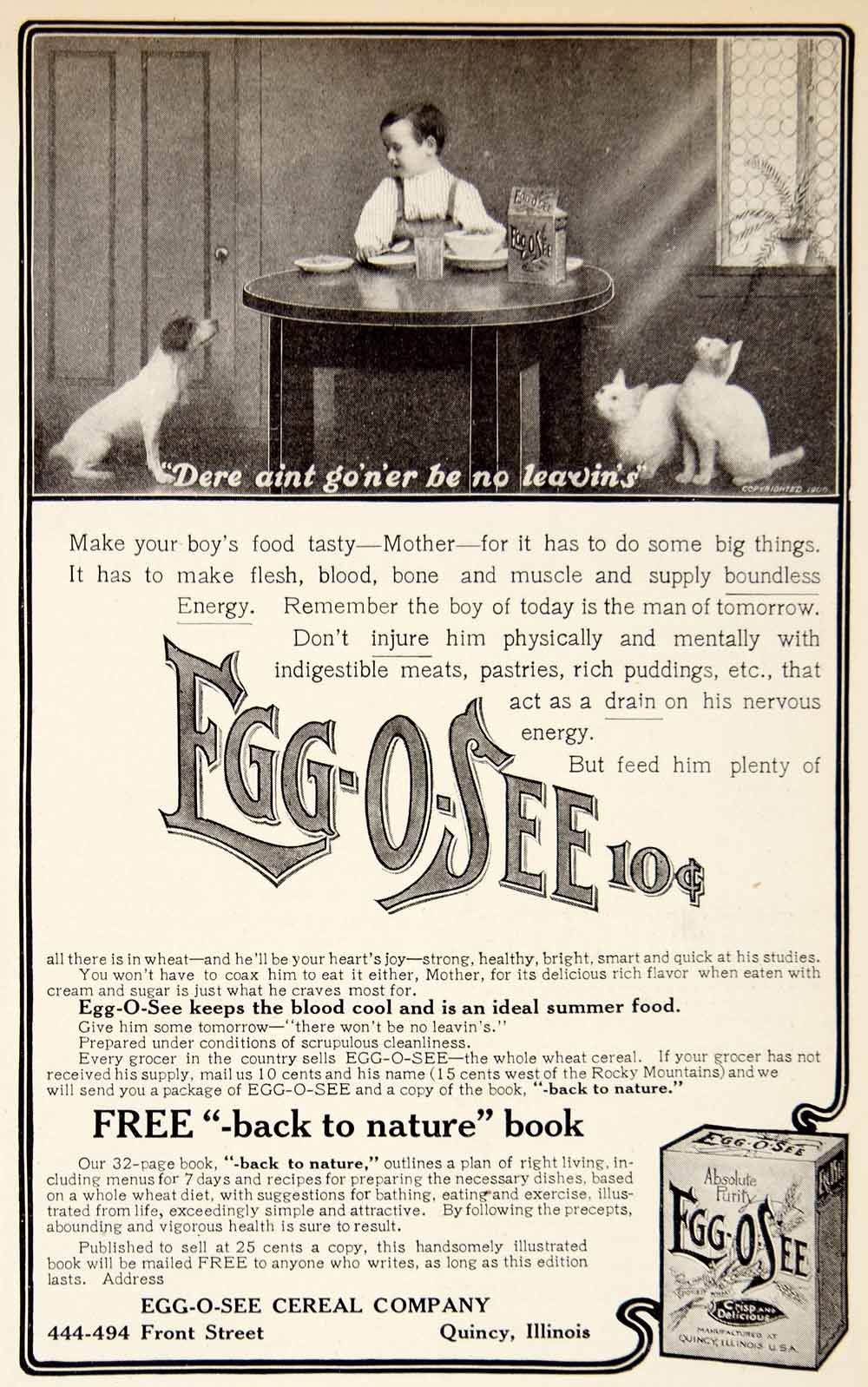 1906 Ad EggOSee Breakfast Cereal Child Boy 494 Front St Qunicy Illinois Dog YDL3