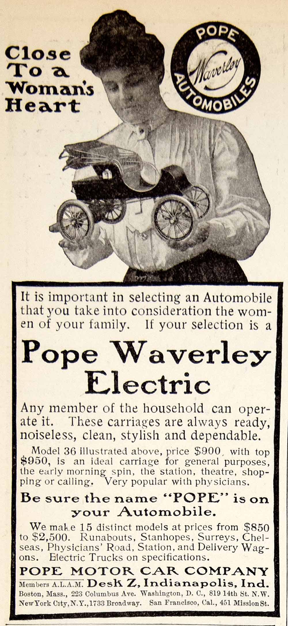 1906 Ad Pope Waverly Electric Car Model 36 819 14th St NW Washington DC YDL3