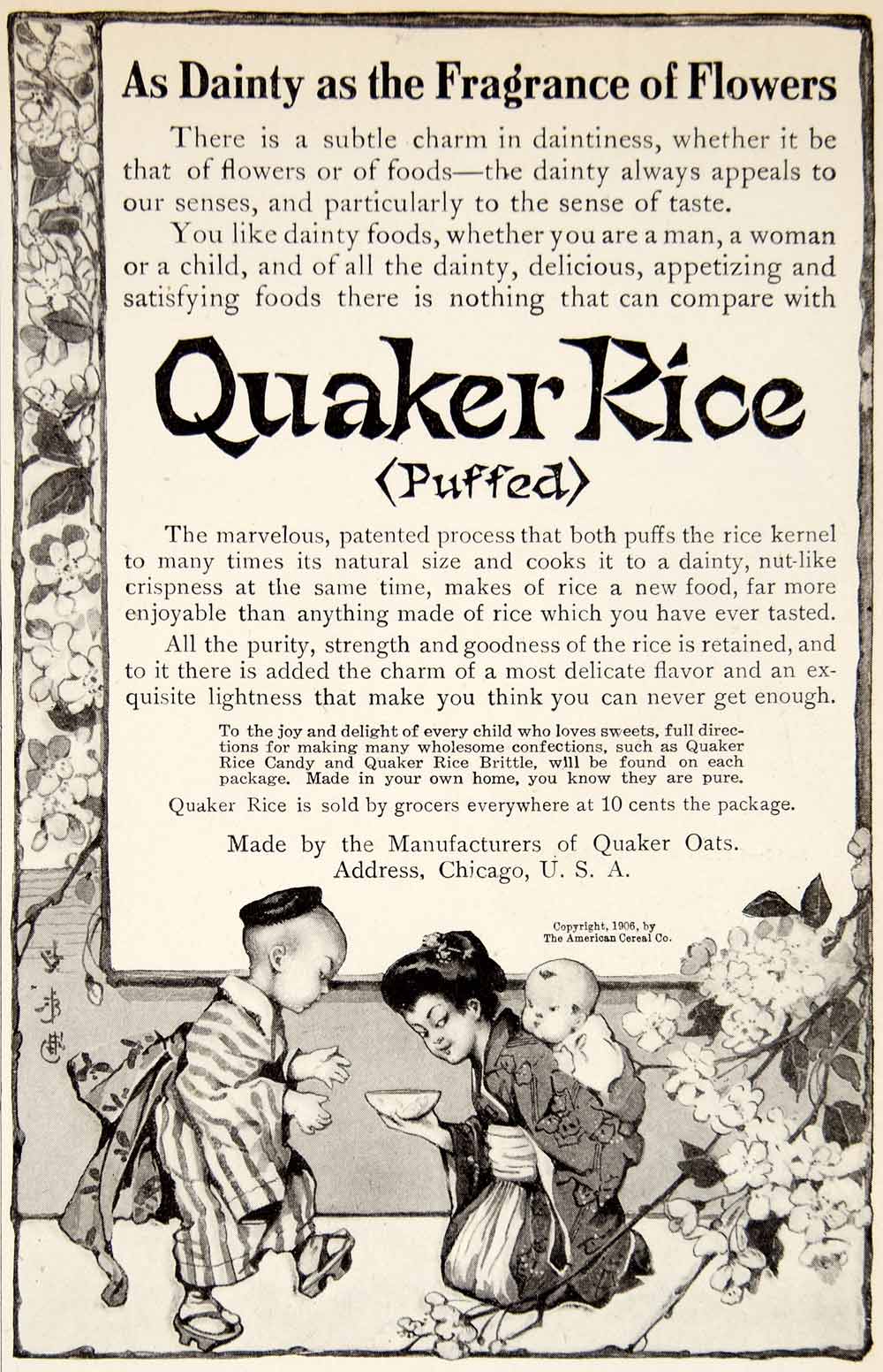 1906 Ad Quaker Puffed Rice Oats Chicago Illinois Asian Japan Food Grocery YDL3