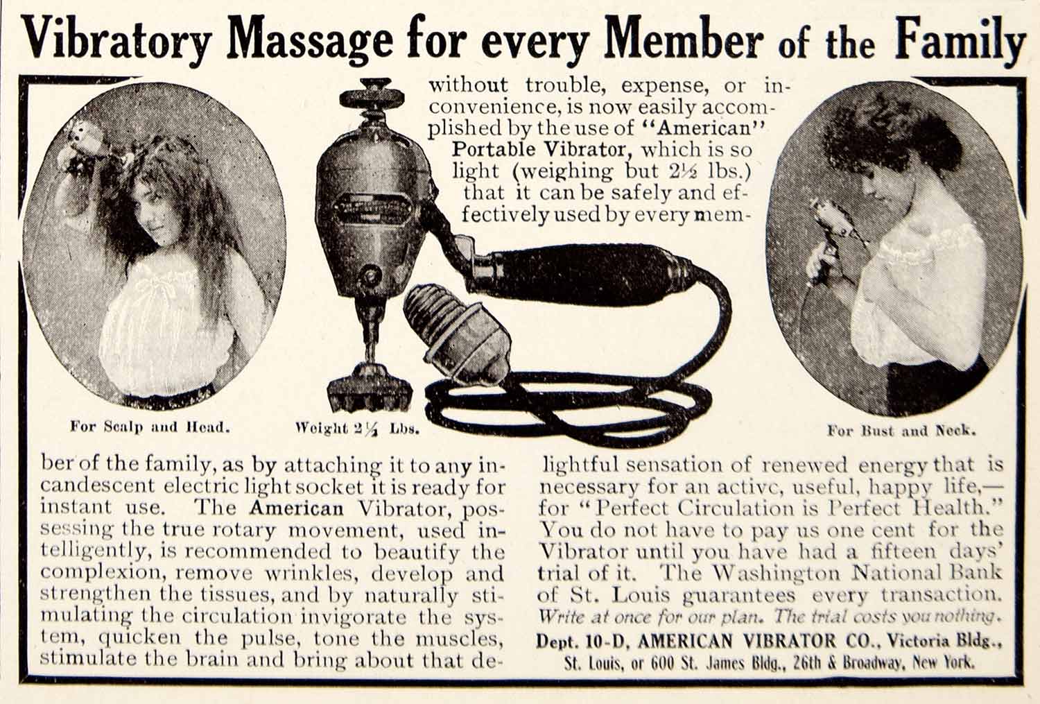 1906 Ad American Vibrator Massage Machine 600 St James Bldg 26th Broadway YDL3