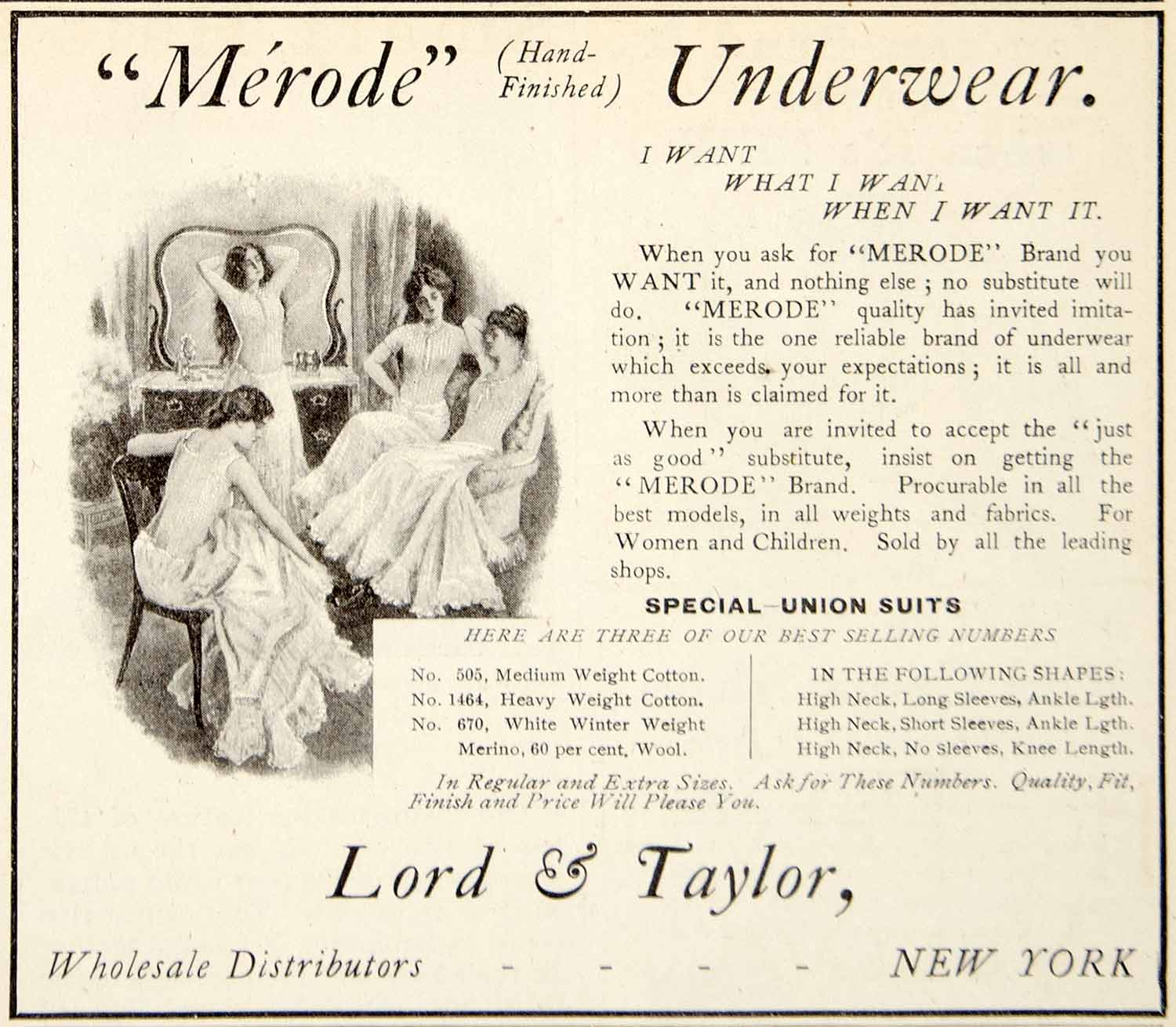 1906 Ad Merode Womens Underwear Cotton Lord Taylor New York Clothing YDL3
