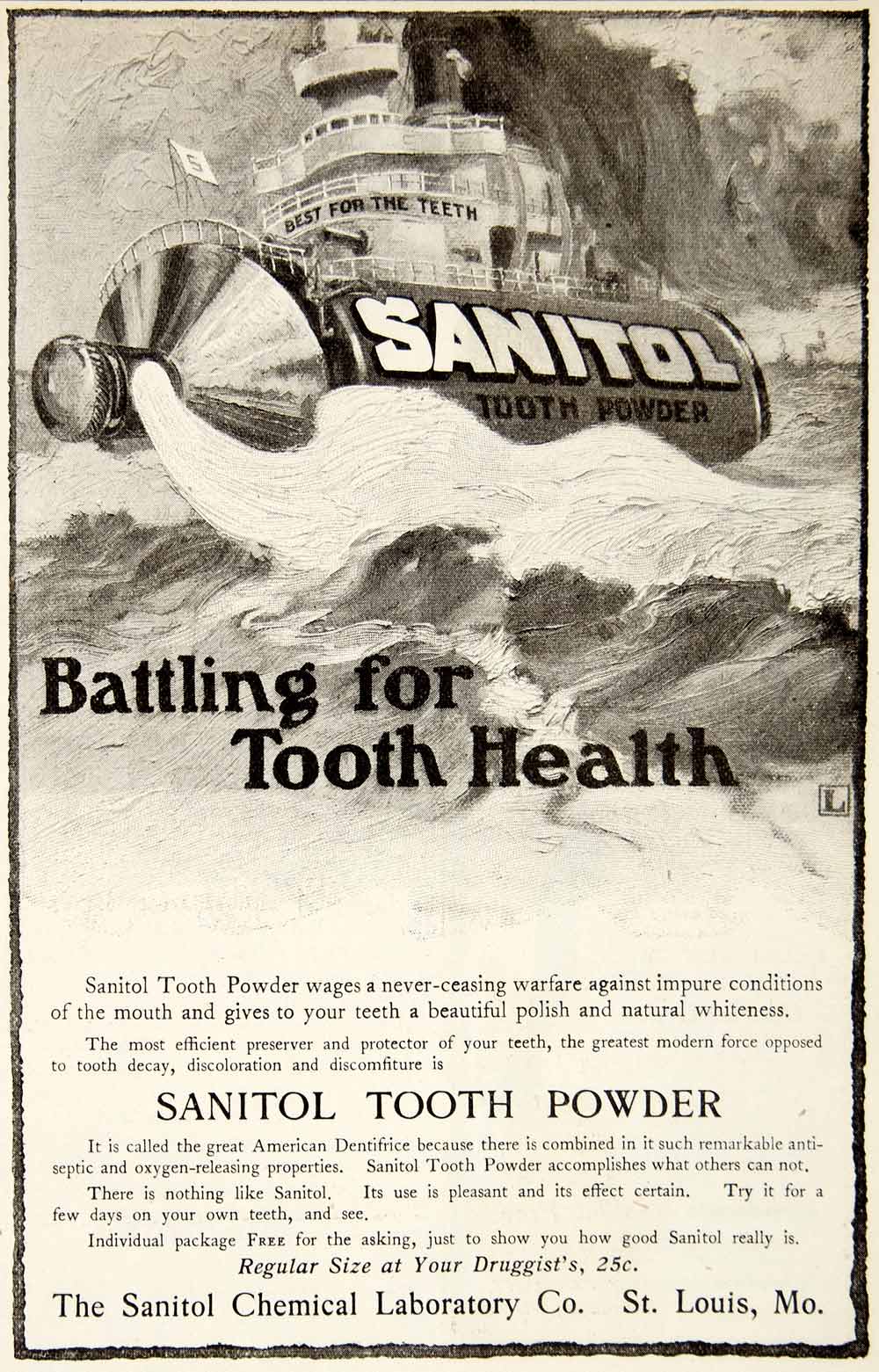 1906 Ad Sanitol Chemical Laboratory St Louis MO Dental Tooth Health Battle YDL3