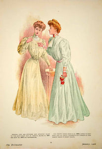 1906 Offset Lithograph Delineator Women Edwardian Fashion House Dress YDL3
