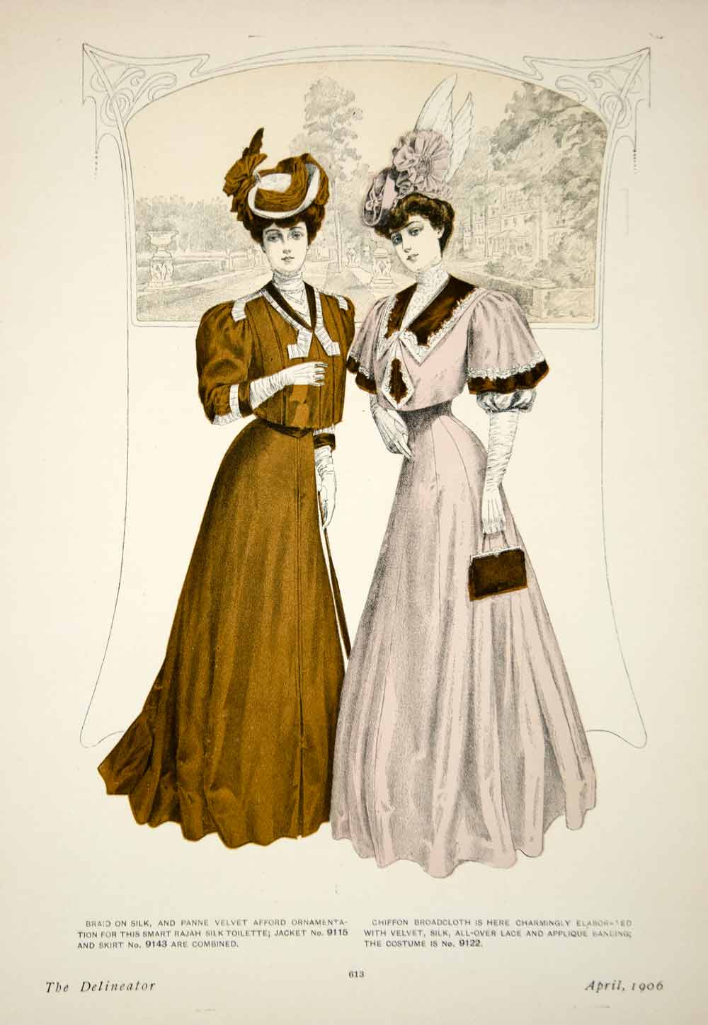 1906 Offset Lithograph Art Nouveau Edwardian Ladies Costume Delineator YDL3