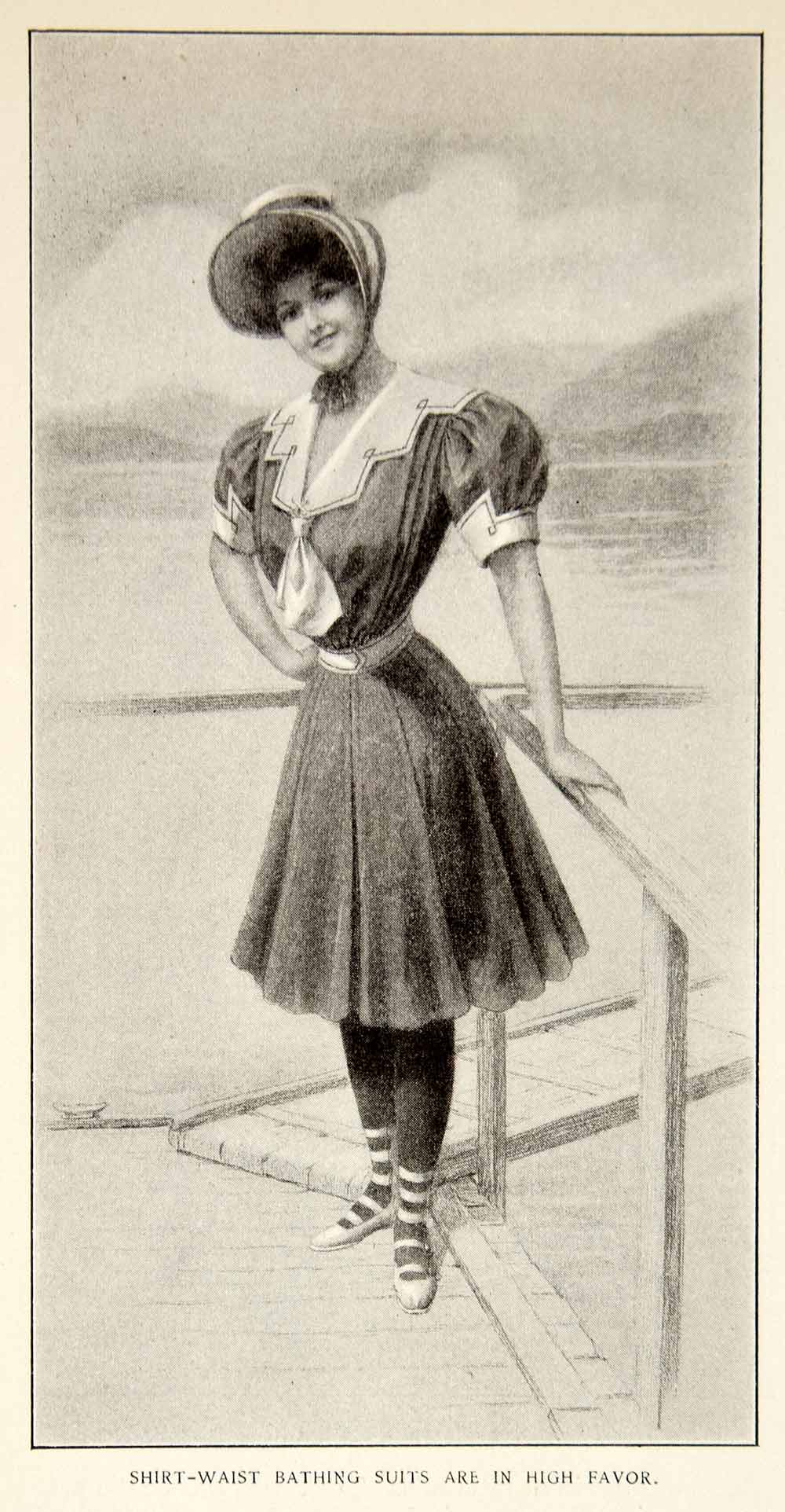 1906 Print Delineator Edwardian Ladies Shirtwaist Bathing Suit Art Nouveau YDL3