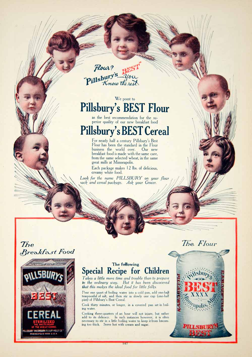 1907 Ad Pillsbury Best Cereal Children Wheat Flour Breakfast Food YDL4