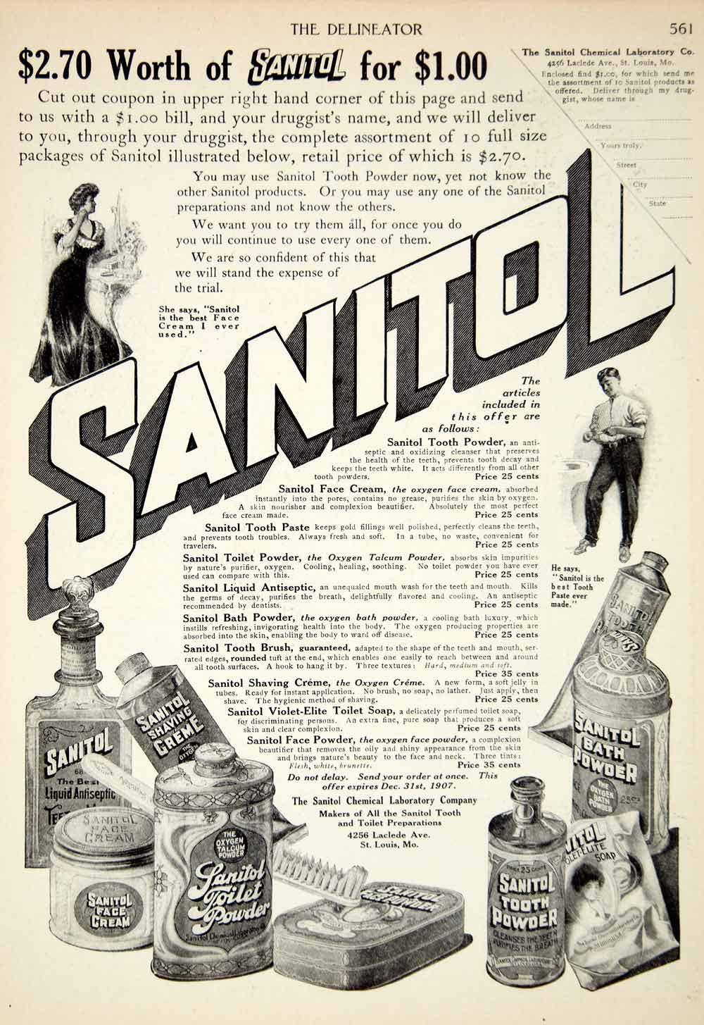 1907 Ad Sanitol Clean Chemical Health Beauty Cream Toilette Face Cosmetic YDL4