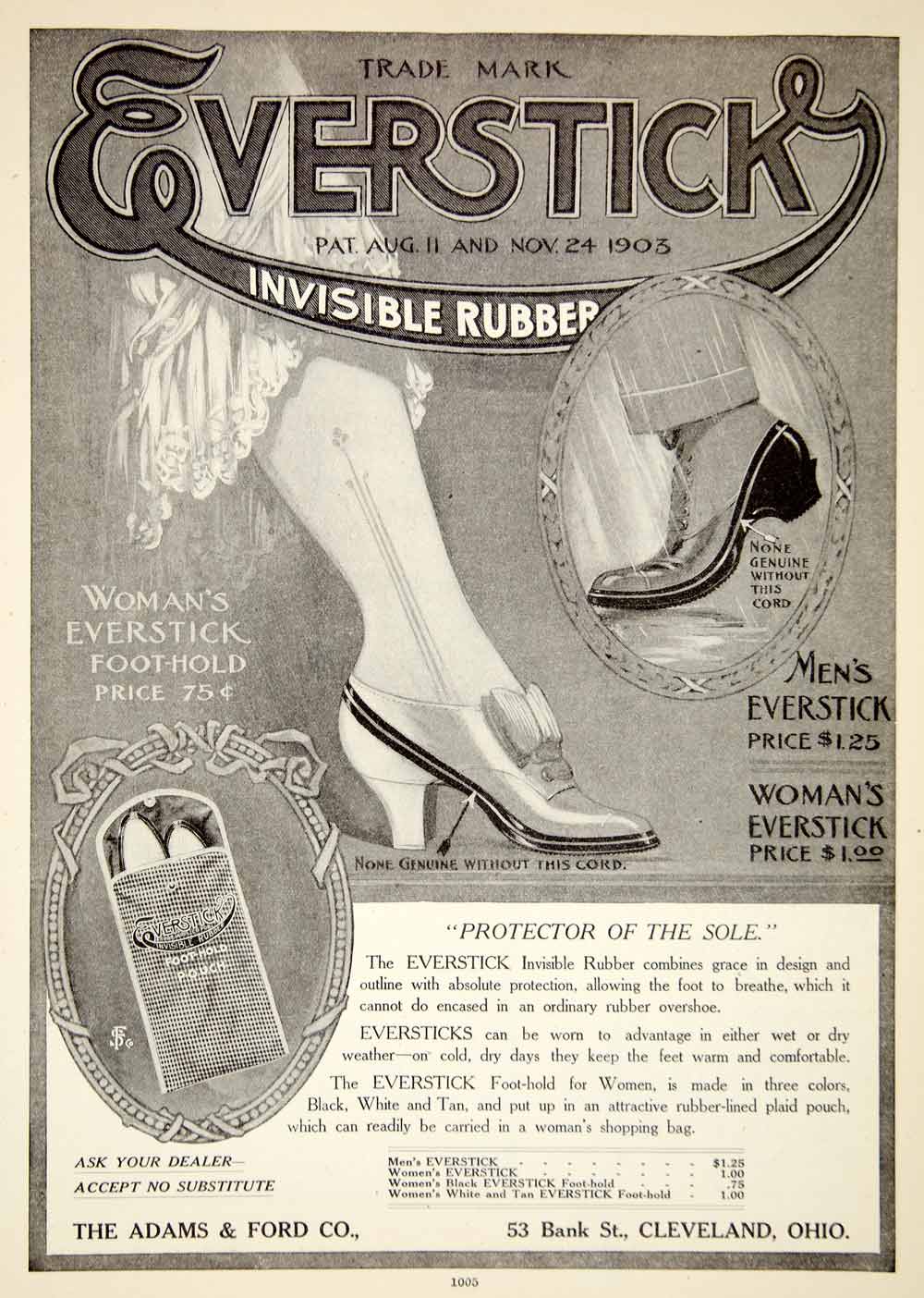 1907 Ad Everstick Invisible Rubber Adams Ford Company Shoes Fashion Feet YDL4