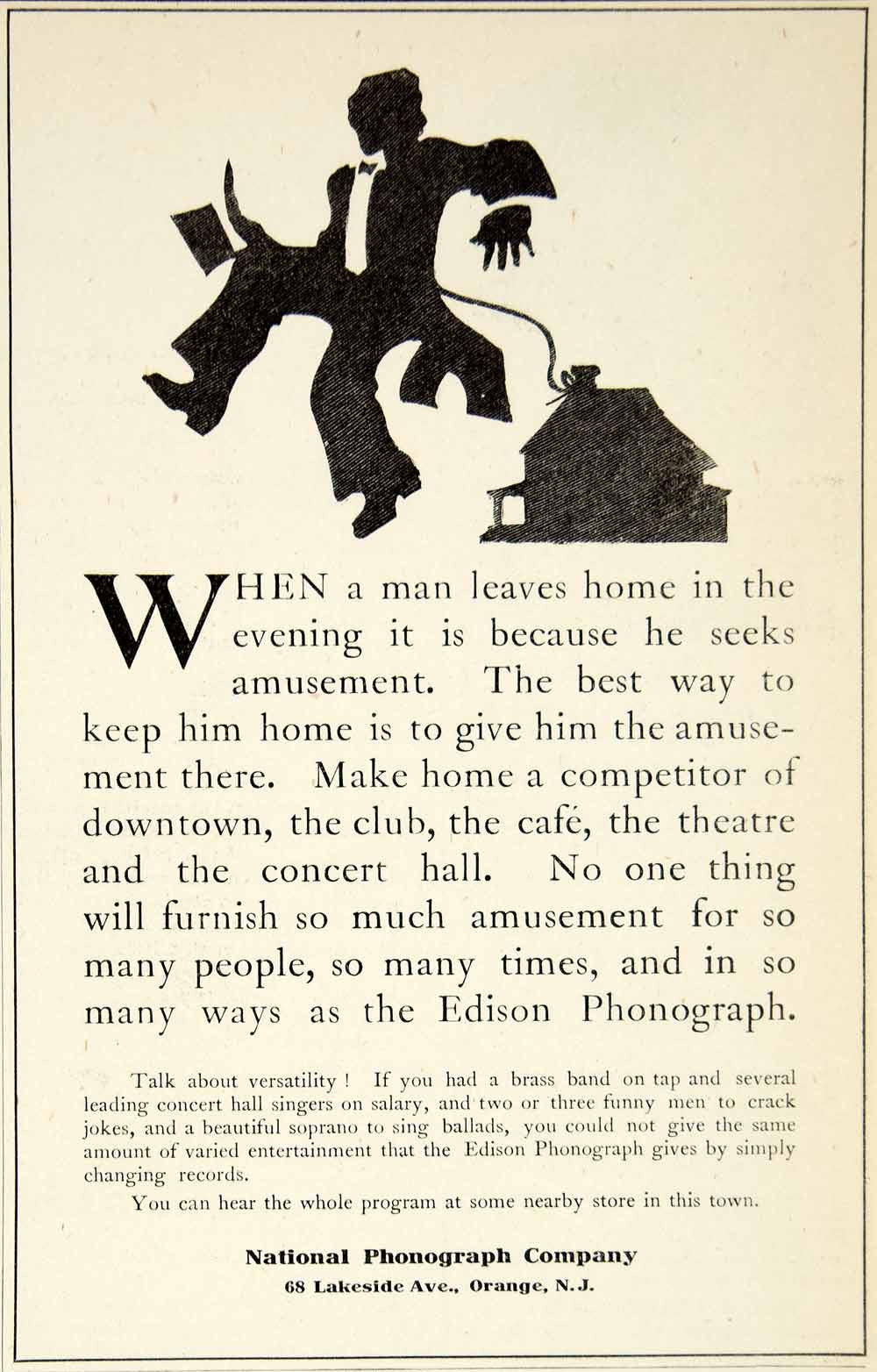1907 Ad National Phonograph Company Orange New Jersey Amusement Silhouette YDL4