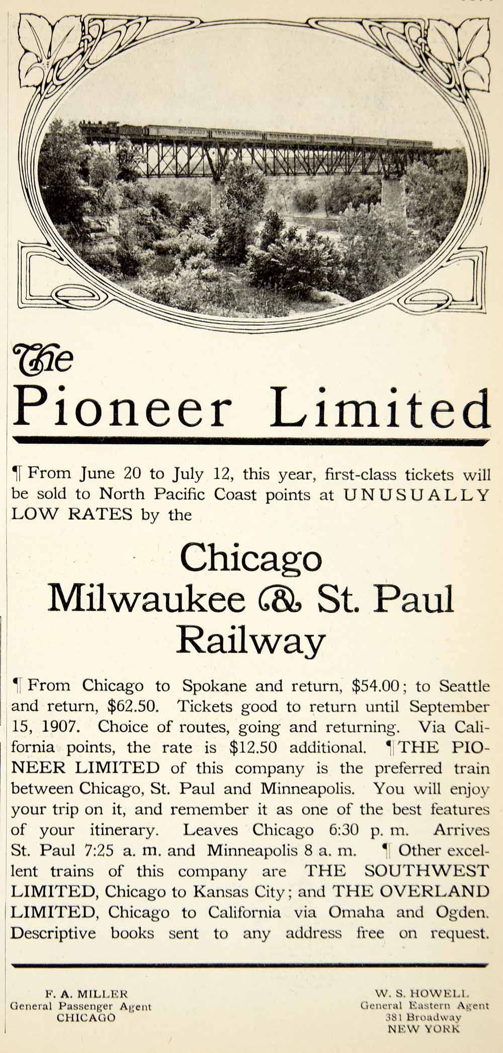 1907 Ad Pioneer Limited Trains Chicago Milwaukee Saint Paul Railway Art YDL4