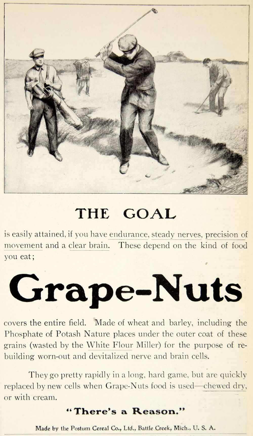 1907 Ad Grape Nuts Gold Swing Cereal Good Health Sport Athlete Postum YDL4