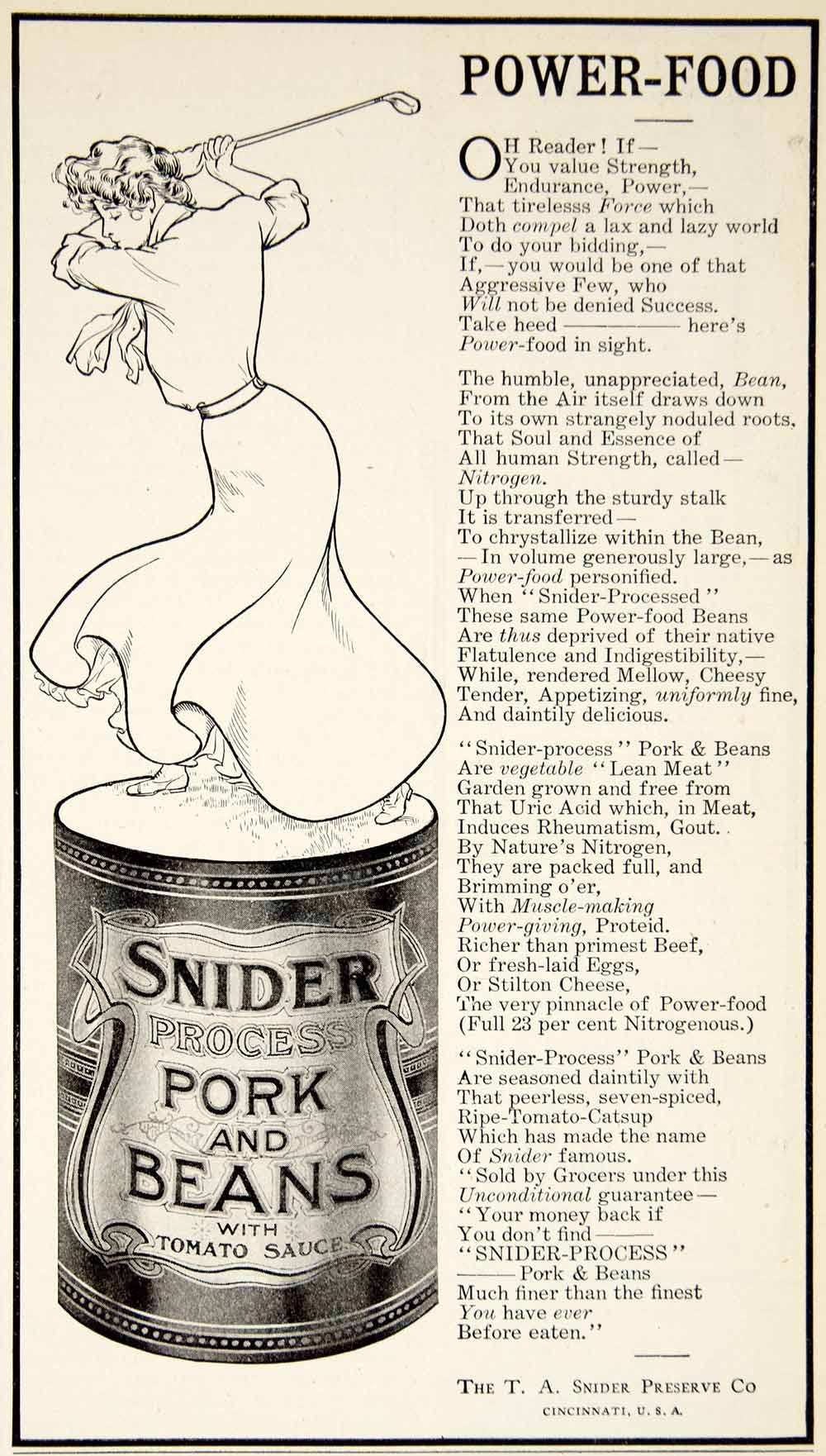1907 Ad Snider Process Pork Beans Woman Golf Victorian Edwardian Fashion YDL4
