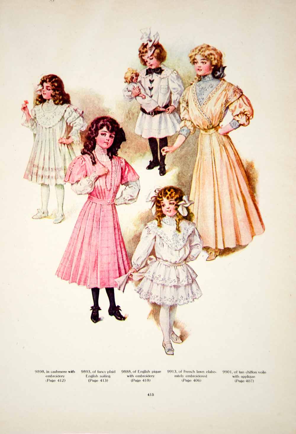 1907 Color Print Edwardian Girls Children Fashion Costume Clothing Dress YDL4 1907 Color Print Edwardian Girls Children Fashion Costume Clothing Dress YDL4