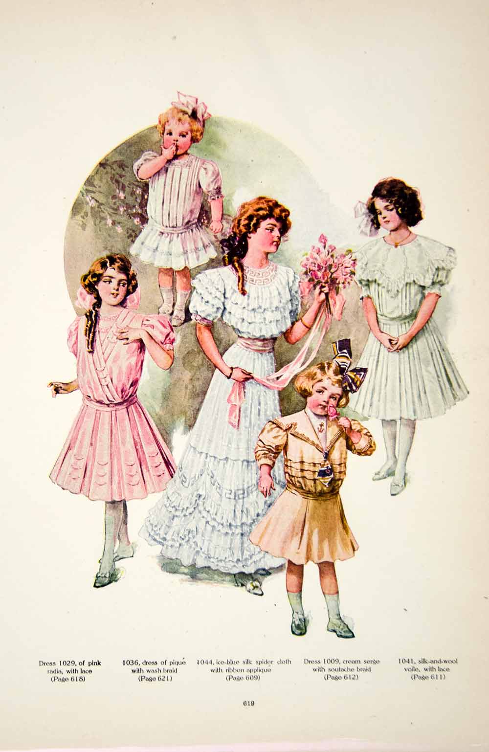 1907 Color Print Edwardian Girl Lady Children Baby Fashion Costume Clothing  YDL4