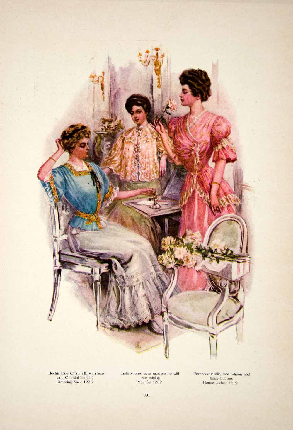 1907 Color Print Edwardian Women Costume Fashion Clothing Dress Pink Model YDL4
