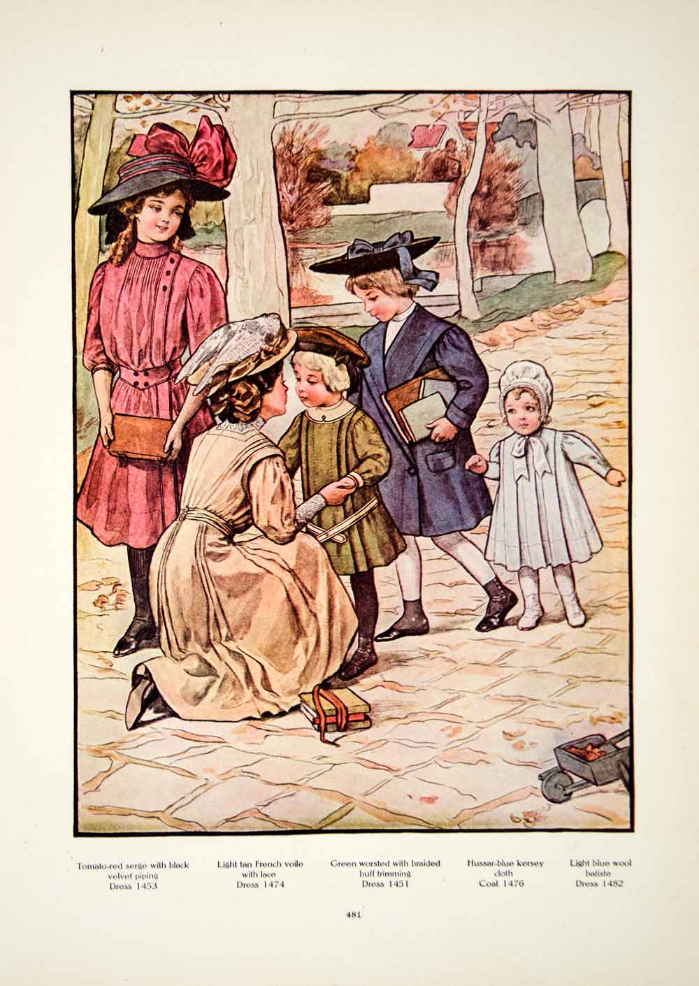 1907 Color Print Mother Children Fashion Costume Clothing Edwardian Art YDL4