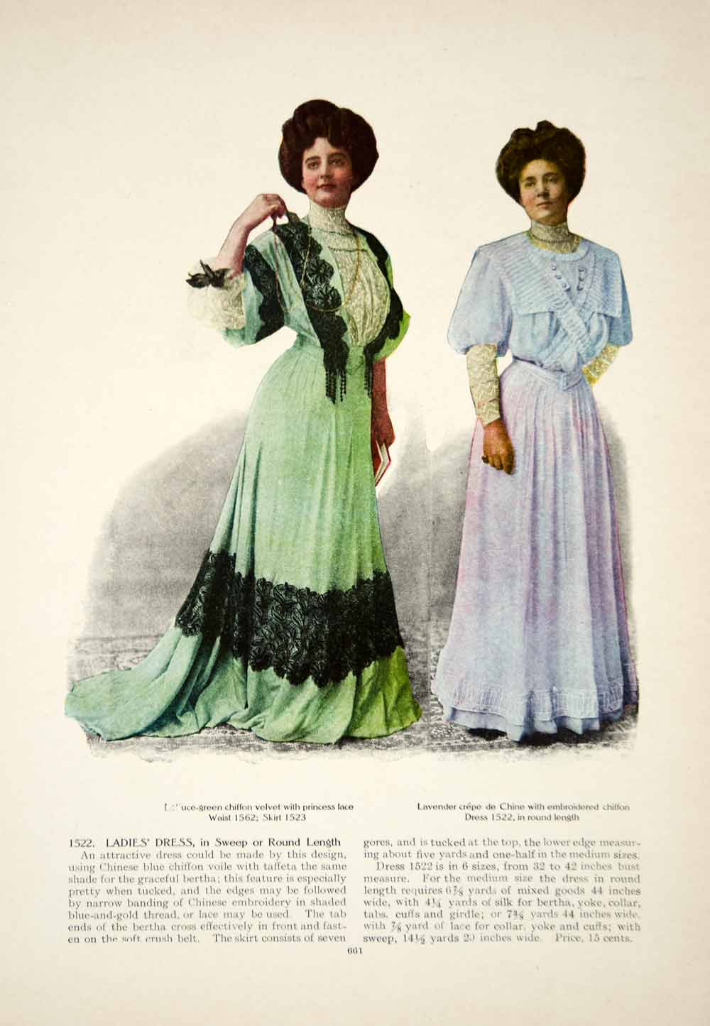 1907 Color Print Fashion Costume Clothing Dress Green Model Pose Edwardian  YDL4