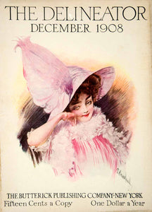 1908 Cover December Delineator Edwardian Woman Portrait Fashion Hat YDL5