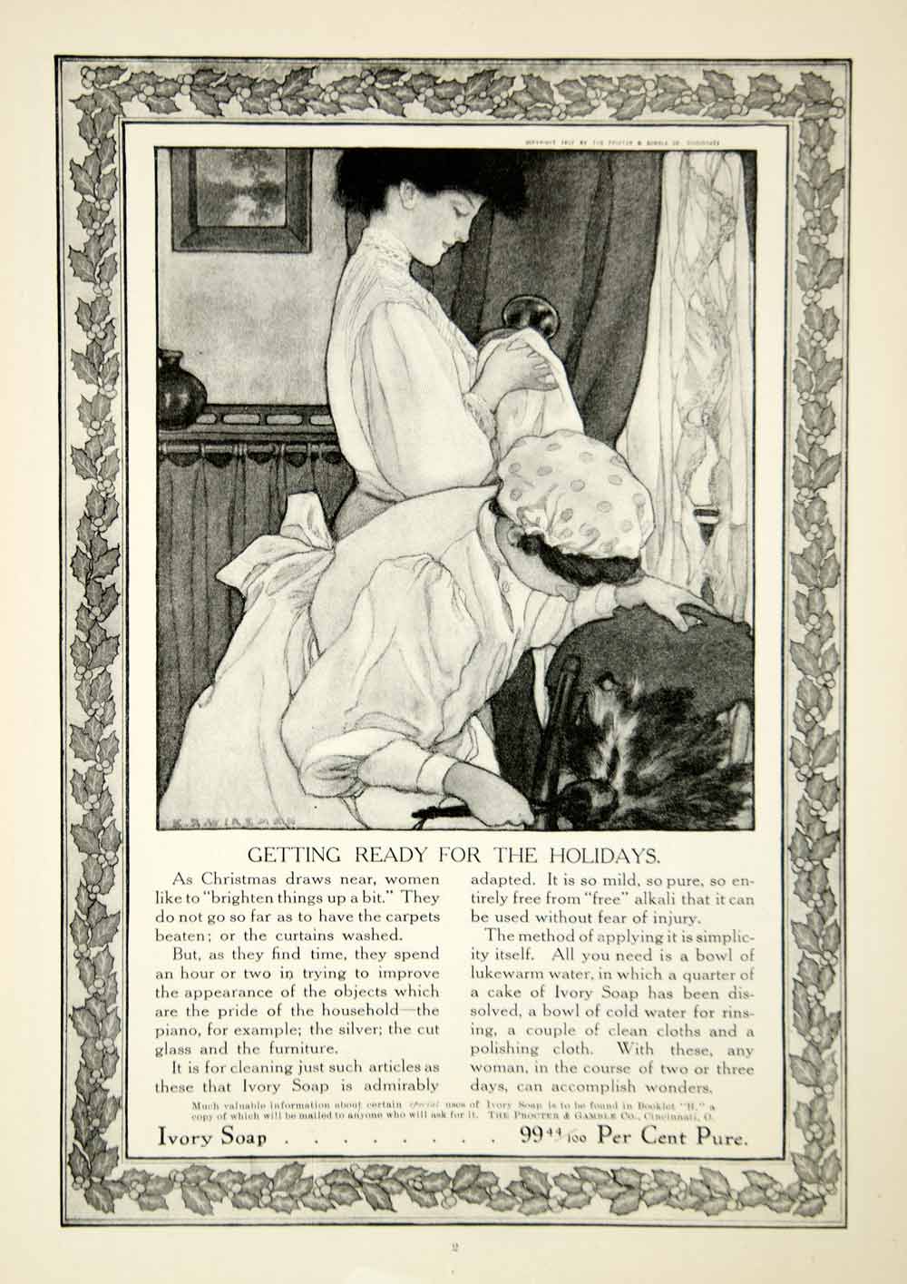 1908 Ad Ivory Soap Decorative Border Clean Wash Women Dust Holidays Holly YDL5