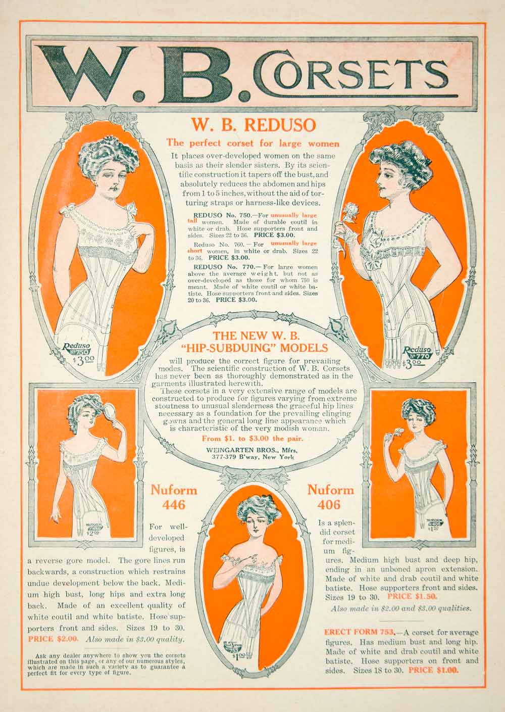 1908 Ad W. B. Corsets Reduso Nuform Hip Body Figure Women Edwardian YDL5