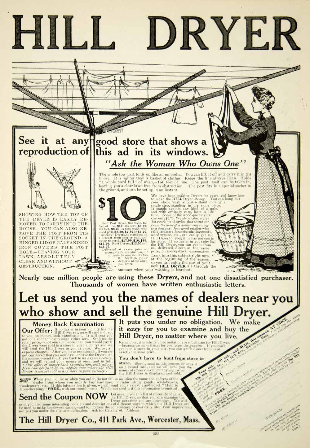 1908 Ad Hill Dryer Company Rack Outdoor Worcester Edwardian Woman Clean YDL5