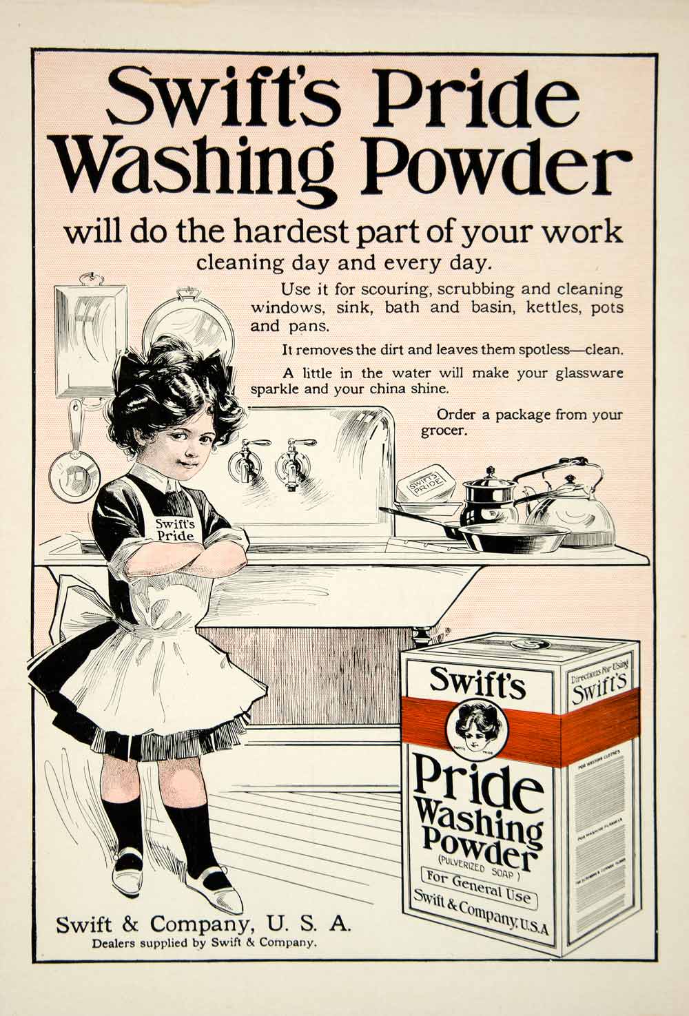 1908 Ad Swift Pride Washing Powder Maid Child Girl Kitchen Wash Clean Chore YDL5