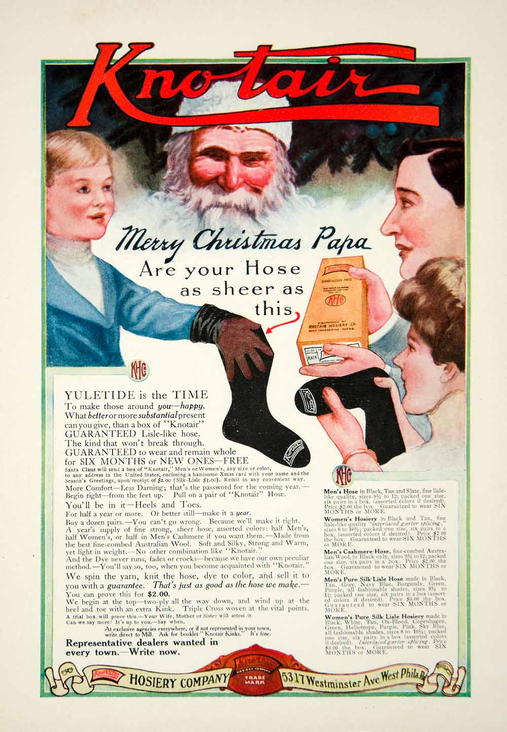 1908 Ad Kno-Tair Hosiery Philadelphia Santa Clause Christmas Children YDL5