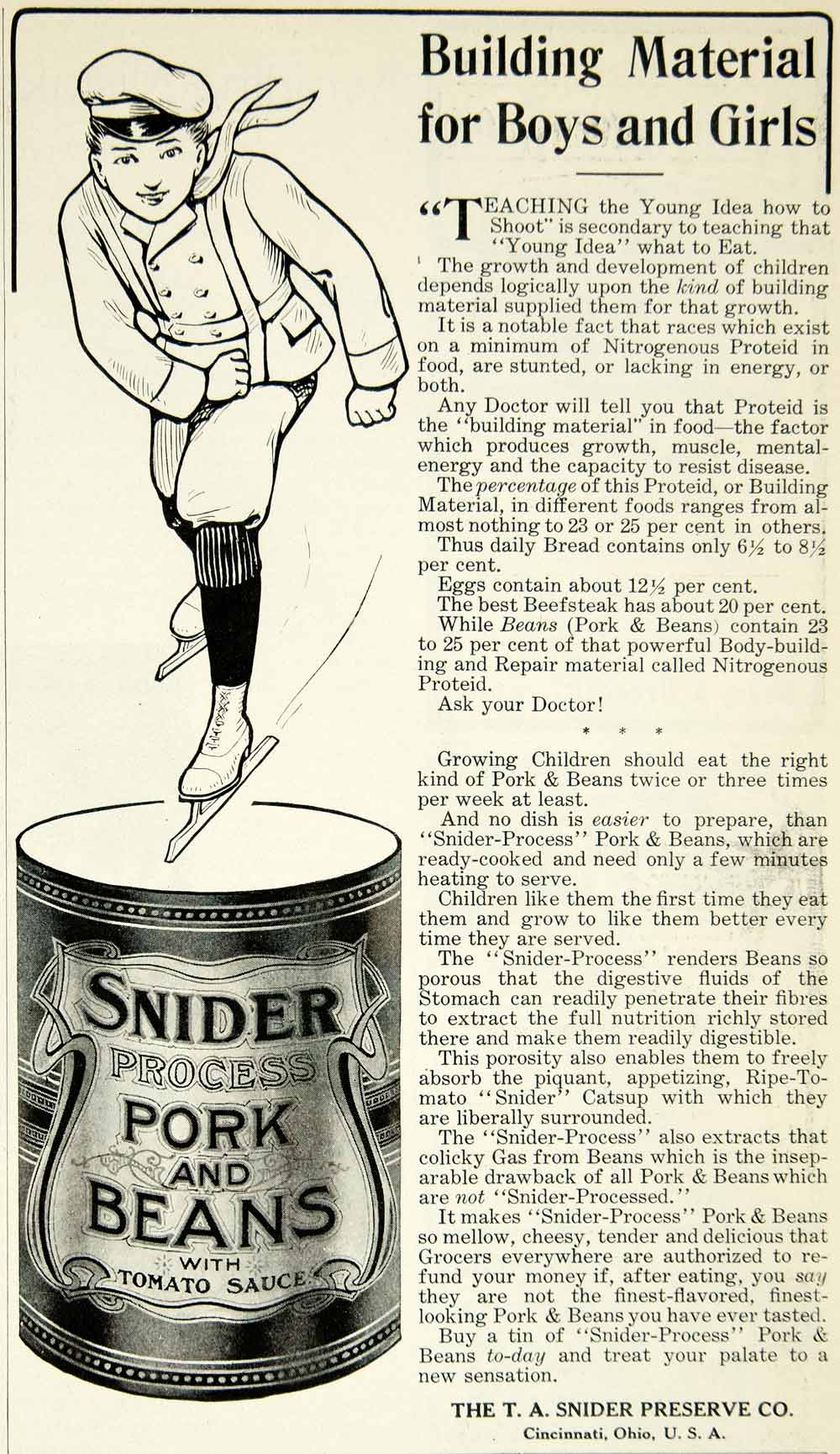 1908 Ad Snider Process Pork Beans Canned Food Ice Skater Boys Girls Tomato YDL5