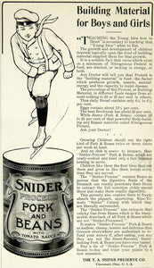 1908 Ad Snider Process Pork Beans Canned Food Ice Skater Boys Girls Tomato YDL5