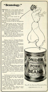 1908 Ad T. A. Snider Process Pork Bean Golf Woman Edwardian Canned Food YDL5
