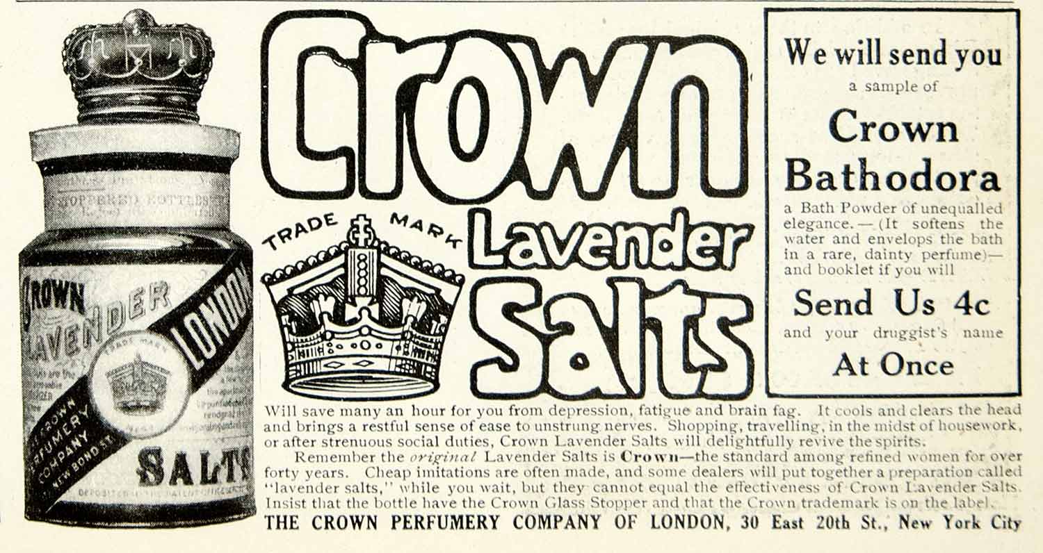 1908 Ad Crown Lavender Salts Perfumery Company London Bathodora Health YDL5