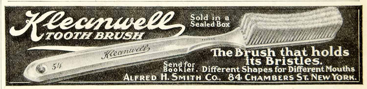 1908 Ad Kleanwell Toothbrush Alfred H. Smith Company Dental Care Oral YDL5