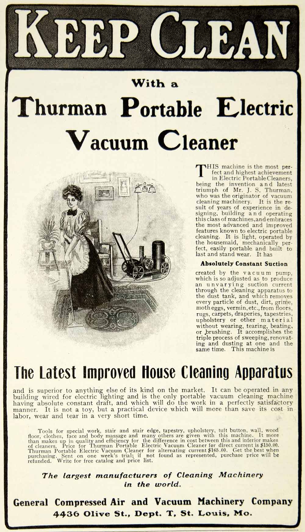 1909 Ad Thurman Portable Electric Vacuum Cleaner Edwardian Woman Housework YDL5