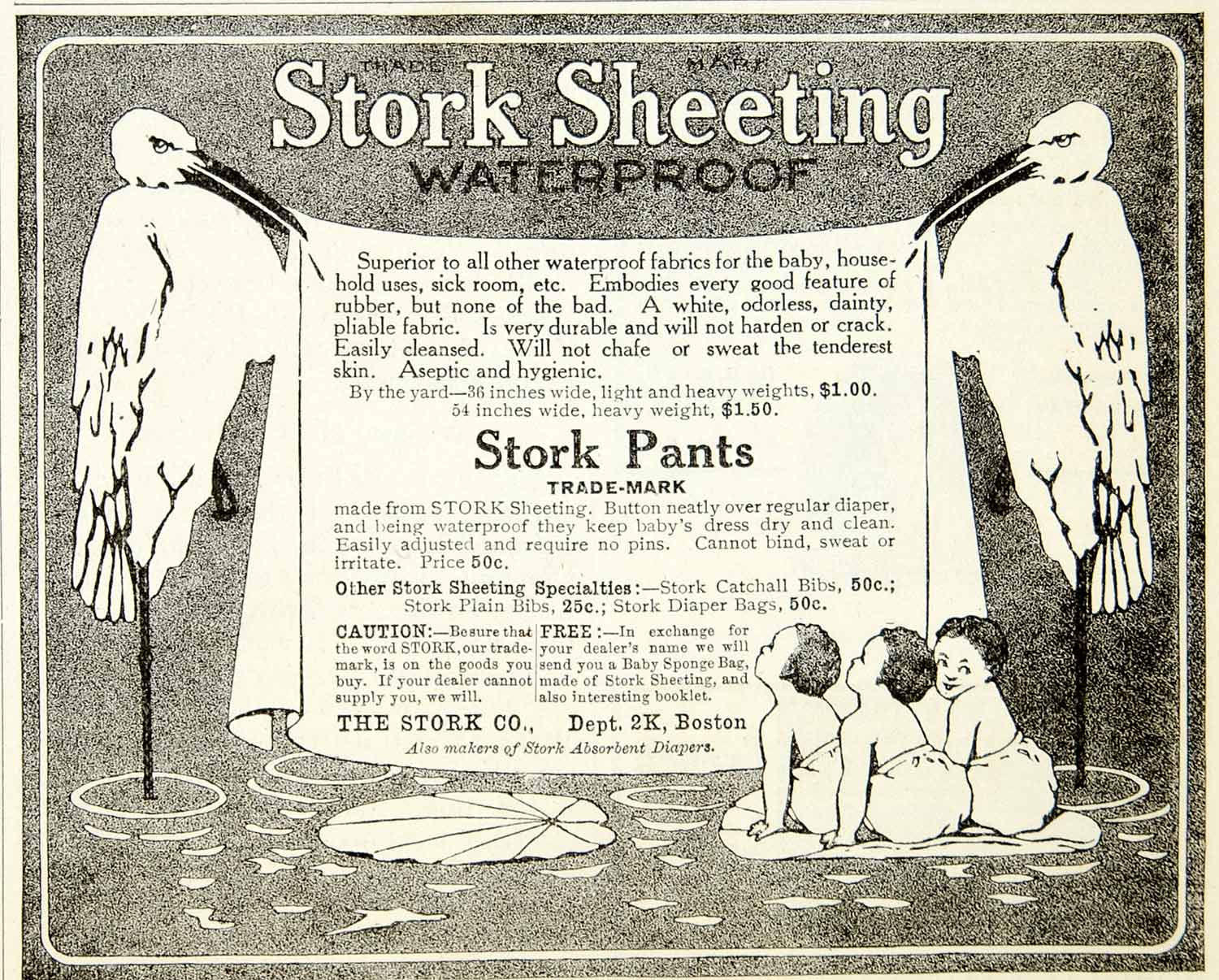 1909 Ad Stork Sheeting Waterproof Pants Diaper Babies Bird Boston Clothing YDL5