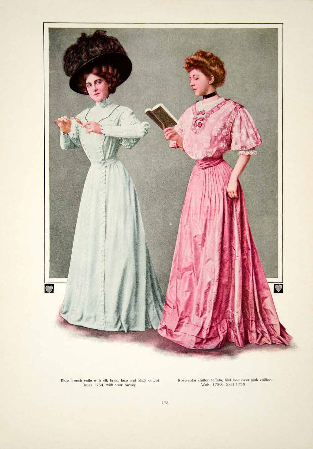 1908 Color Print Fashion Costume Clothing Edwardian Women Dress Hat YDL5