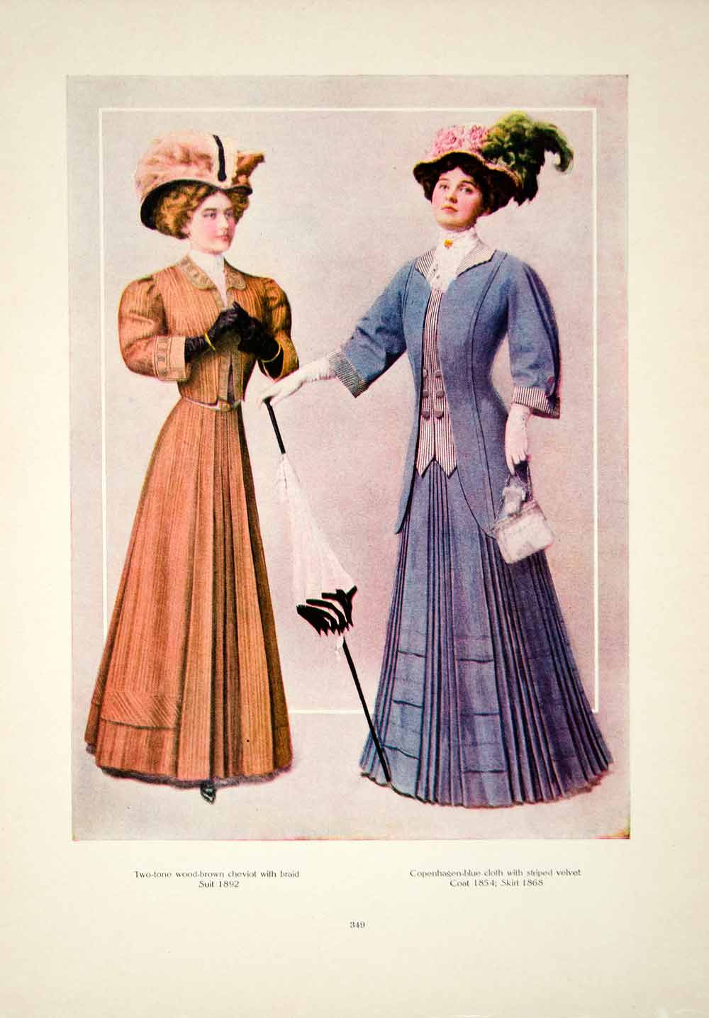 1908 Color Print Fashion Costume Clothing Dress Edwardian Portrait Women YDL5