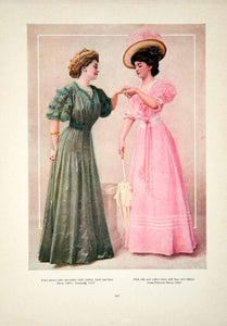 1908 Color Print Fashion Costume Clothing Edwardian Women Hat Umbrella YDL5