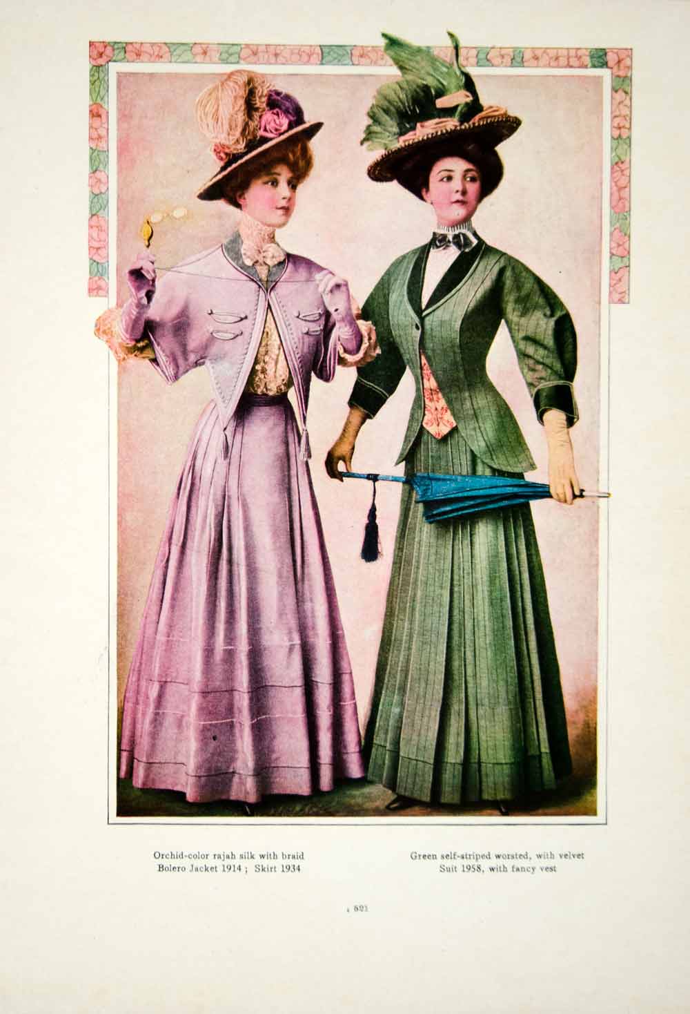 1908 Color Print Fashion Costume Clothing Dress Edwardian Women Hat Plume YDL5