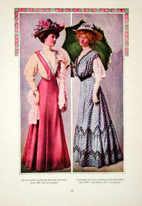 1908 Color Print Fashion Costume Clothing Edwardian Women Umbrella Hat YDL5