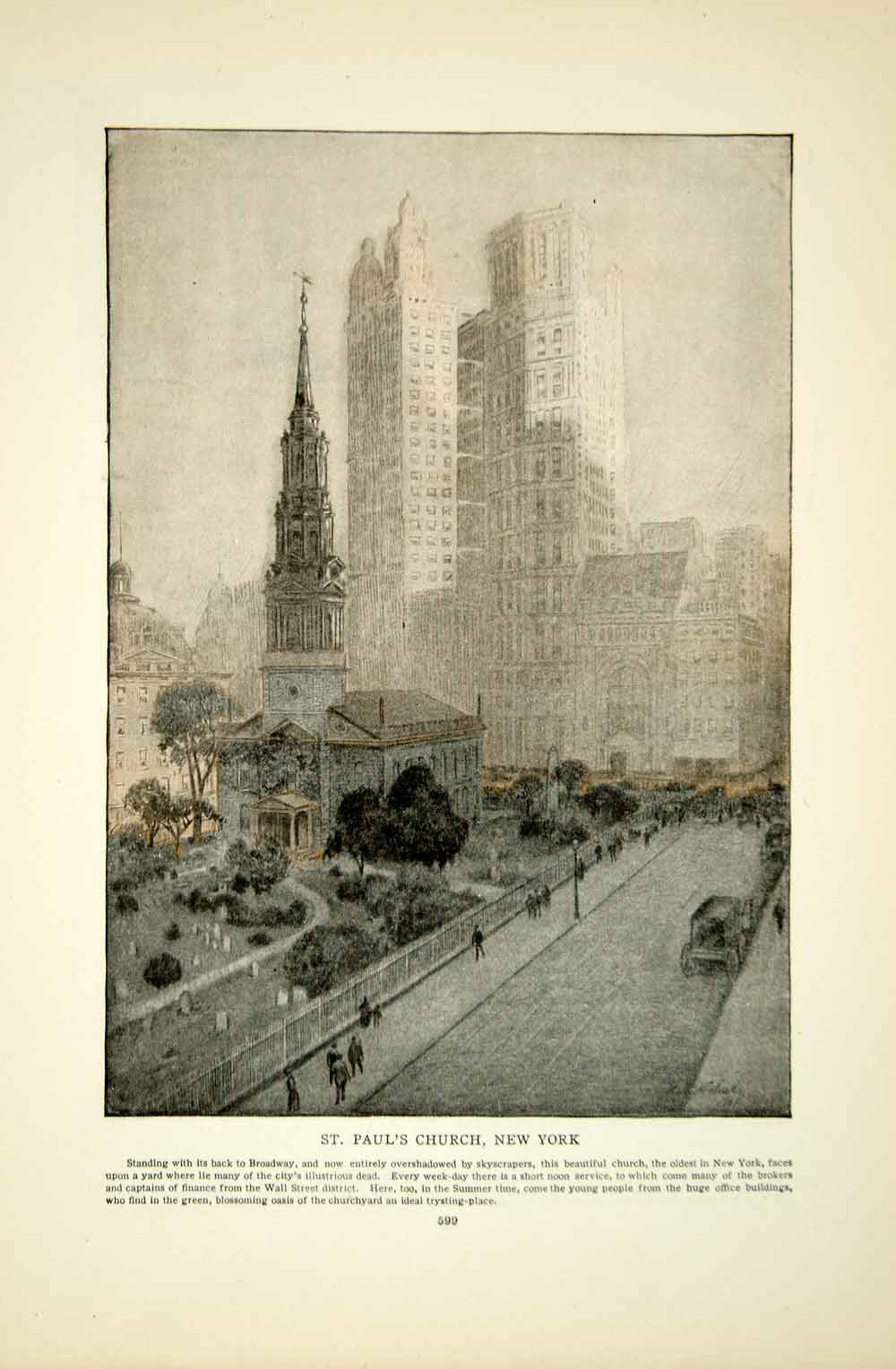 1908 Color Print St Paul Church New York Broadway Skyscraper Cityscape YDL5