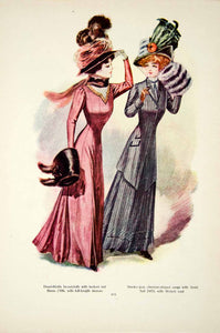 1908 Color Print Edwardian Women Costume Clothing Dress Fashion Muff Hat YDL5