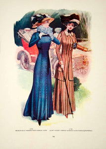 1909 Color Print Fashion Costume Clothing Automobile Edwardian Women Cane YDL5