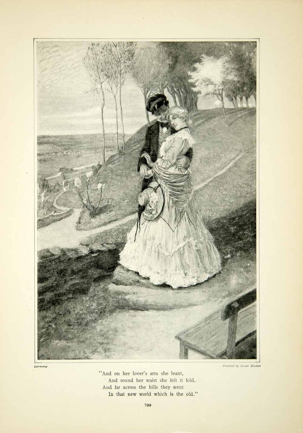 1908 Print Lovers Romance Edwardian Man Woman Landscape Park Germany Oscar YDL5