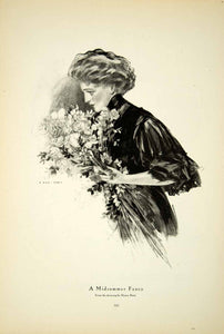 1908 Print Midsummer Fancy Bouquet Flower Henry Hutt Edwardian Woman YDL5