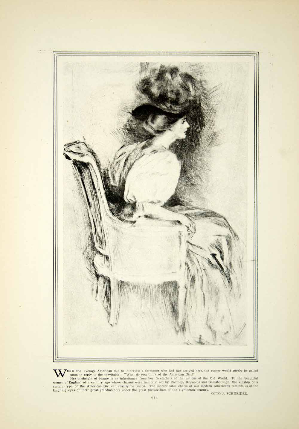 1908 Print Edwardian Woman Seated Posed Chair Hat Plume Otto J Schneider YDL5